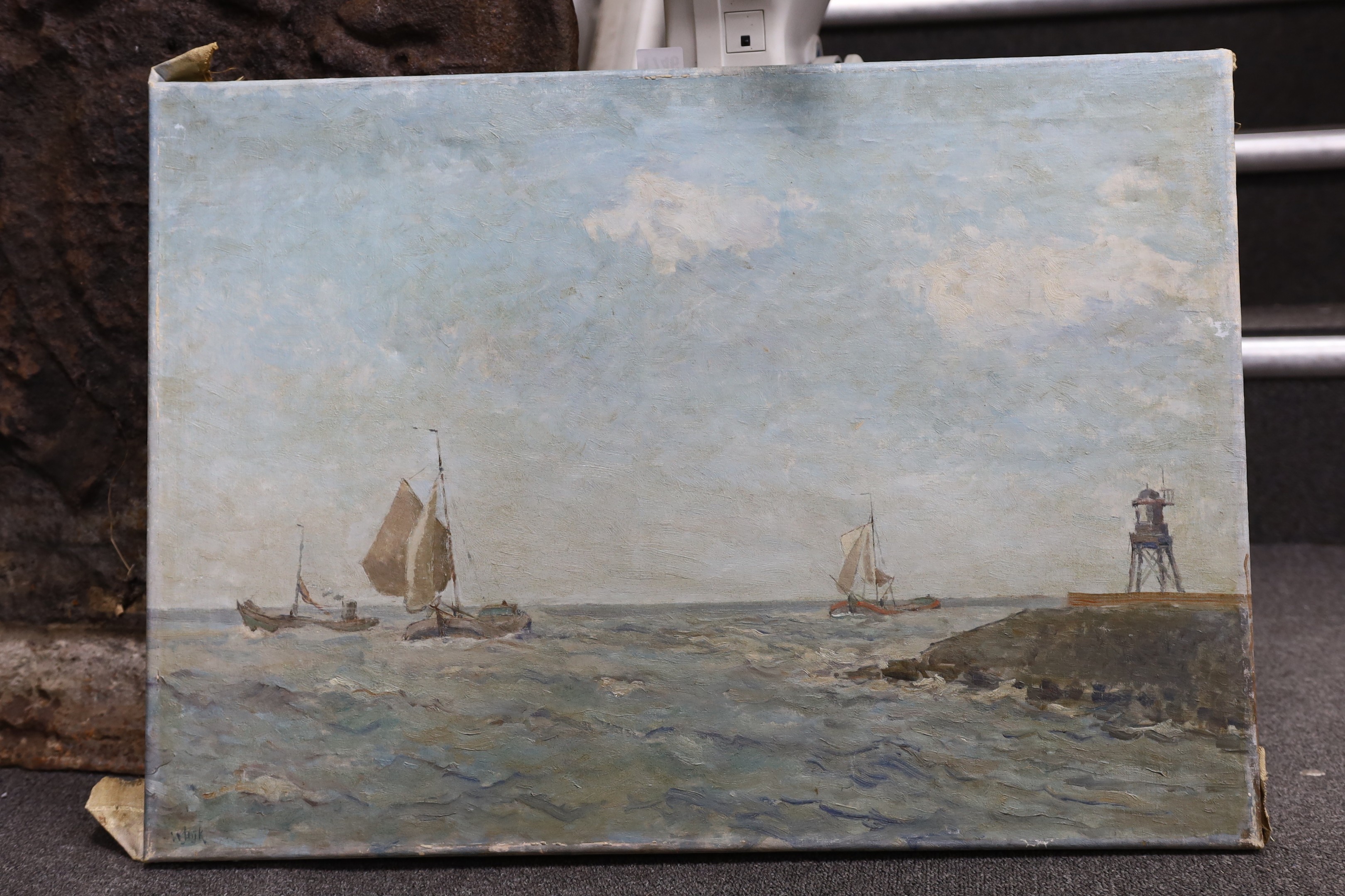 Jagt, oil on canvas, Sail barges entering harbour, indistinctly signed, 51 x 71cm, unframed